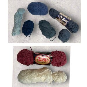 Yarn Mixed Bundle Blues Cream Burgundy Nine Full and Partial Skeins Balls